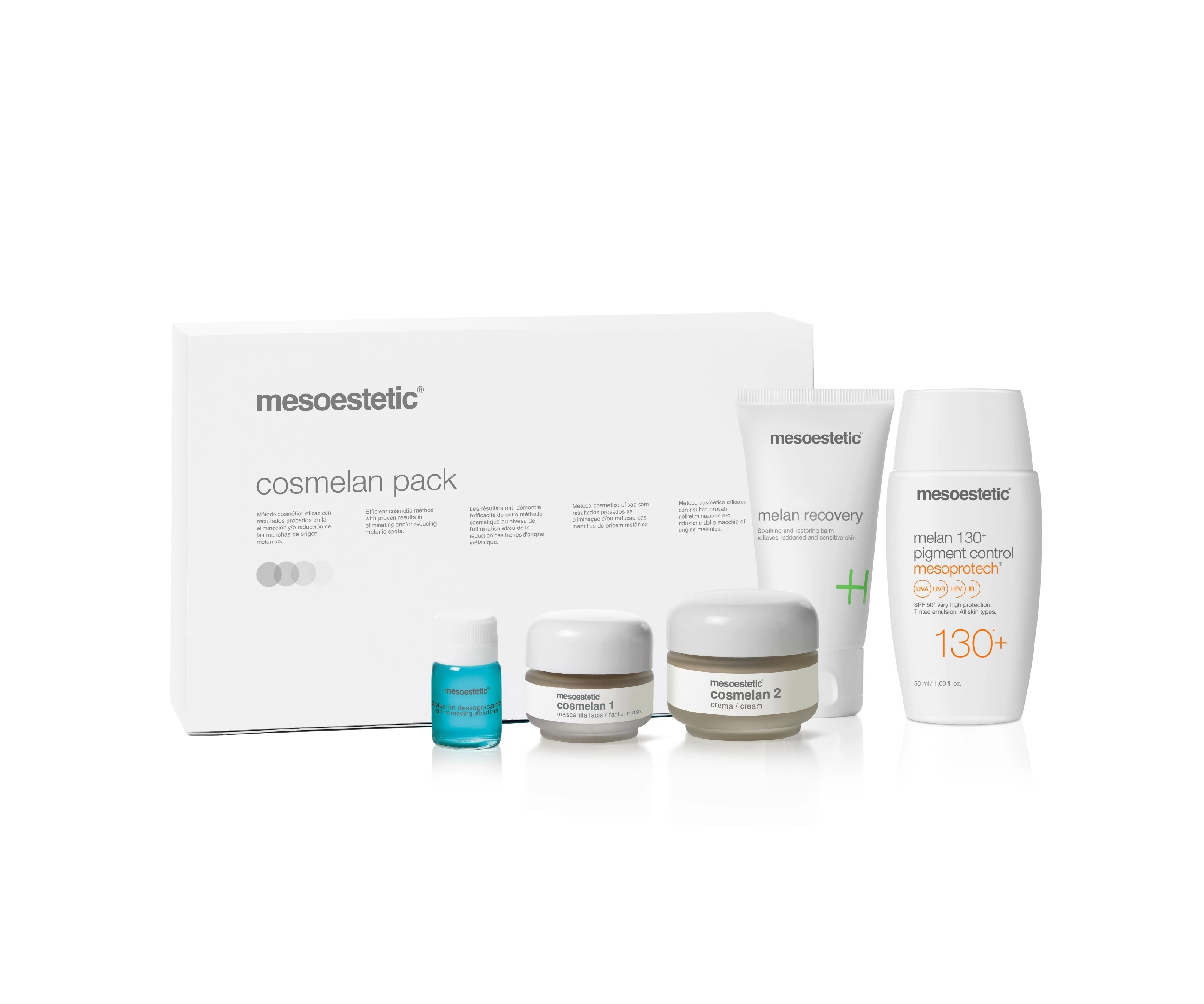 Cosmelan pack by Mesoestetic, featuring five skincare products including Cosmelan 1 and 2, Melan Recovery, and Melan 130+ Pigment Control, designed to reduce hyperpigmentation and enhance skin tone.