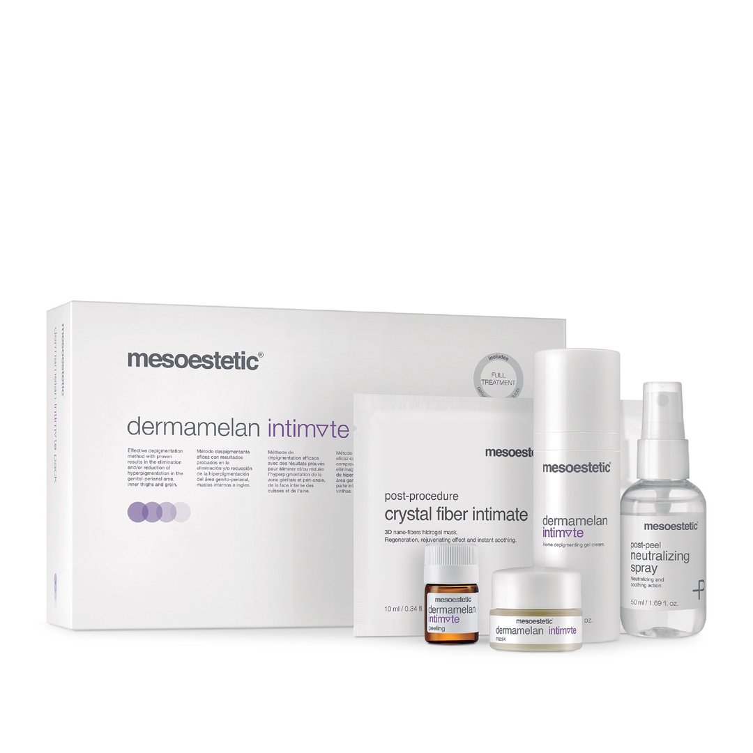 Mesoestetic Dermamelan Intimate treatment kit, featuring a box with five products: a post-procedure crystal fiber mask, a soothing cream, and a neutralizing spray, designed for effective intimate area skin care and pigmentation treatment.