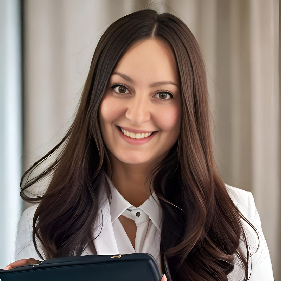 Smiling woman with long brown hair wearing a white blouse, holding a black folder, in a softly lit indoor setting.
