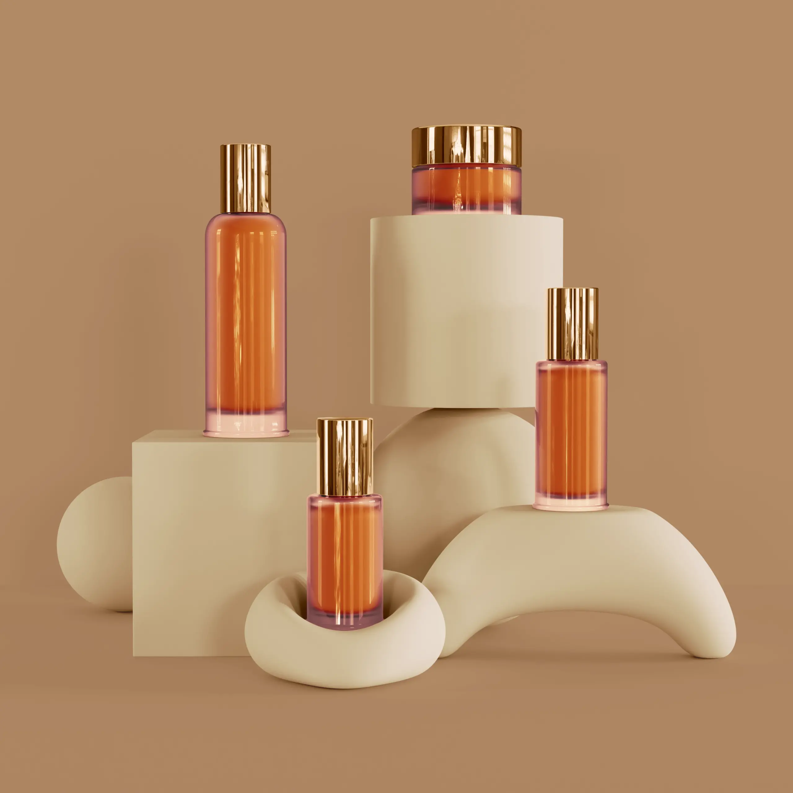 Stylish arrangement of skincare bottles with gold caps on beige geometric pedestals, showcasing a modern aesthetic for beauty products.