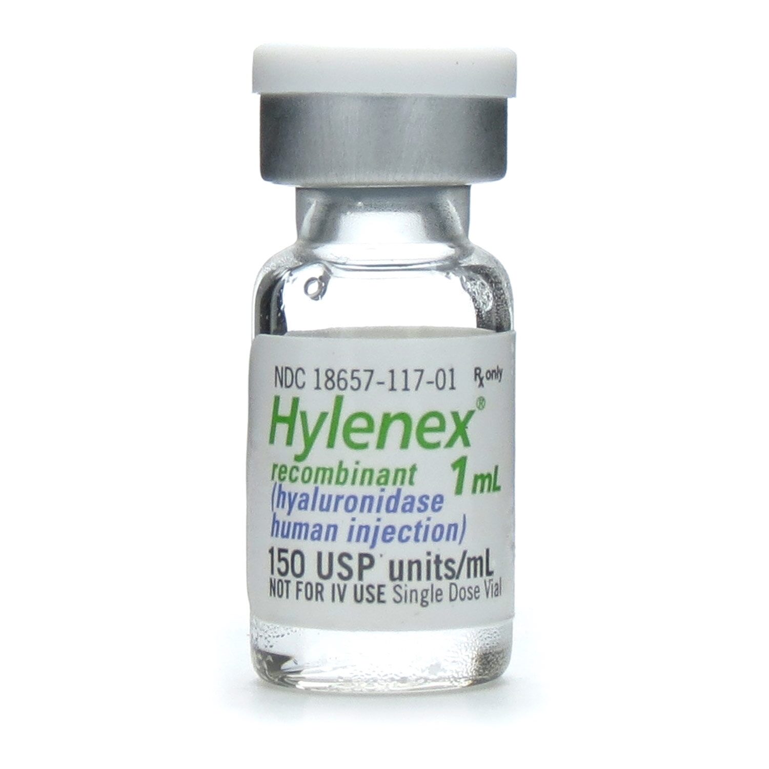 Hylenex hyaluronidase injection vial, 1 mL, containing 150 USP units/mL, used to enhance absorption of other injectables in medical treatments.